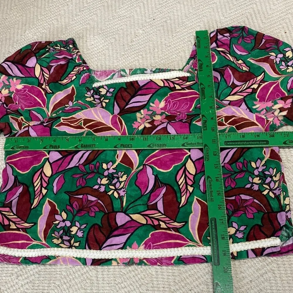 Cynthia Rowley 100% Linen Floral Blouse M Square Neck Crochet Trim Green Pink